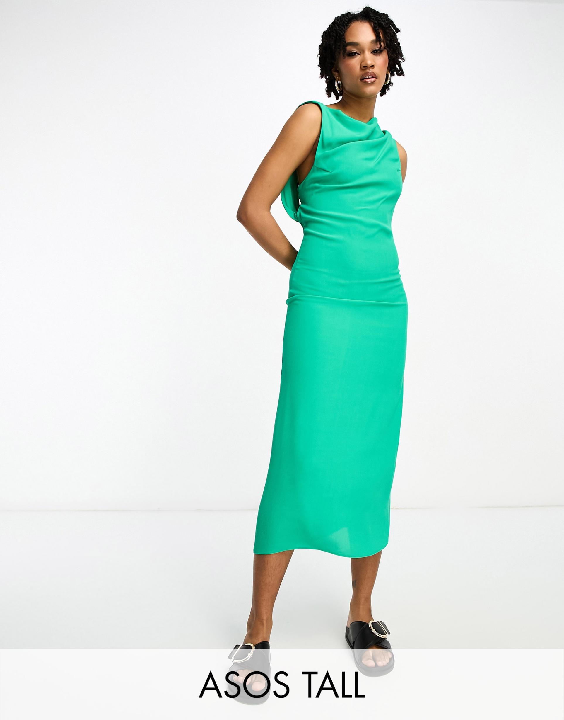 asos design tall sleeveless cowl neck viscose midaxi dress with tie back detail in bright green