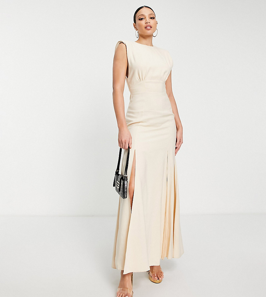 ASOS DESIGN Tall sleeveless shoulder pad linen maxi dress in stone-Neutral