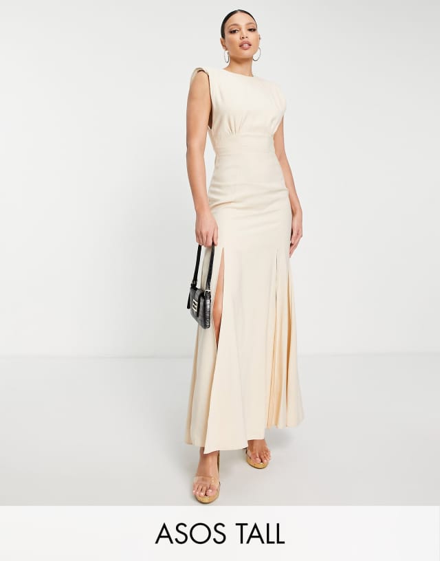 ASOS DESIGN Tall sleeveless shoulder pad linen maxi dress in stone