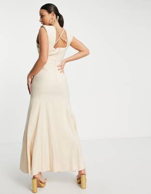 ASOS DESIGN Tall sleeveless shoulder pad linen maxi dress in stone