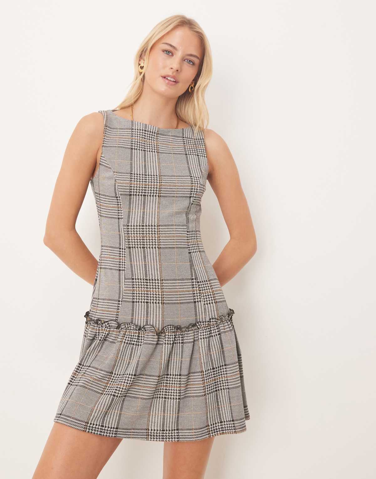 ASOS DESIGN Tall sleeveless slash neck dropped waist mini dress in pink check
