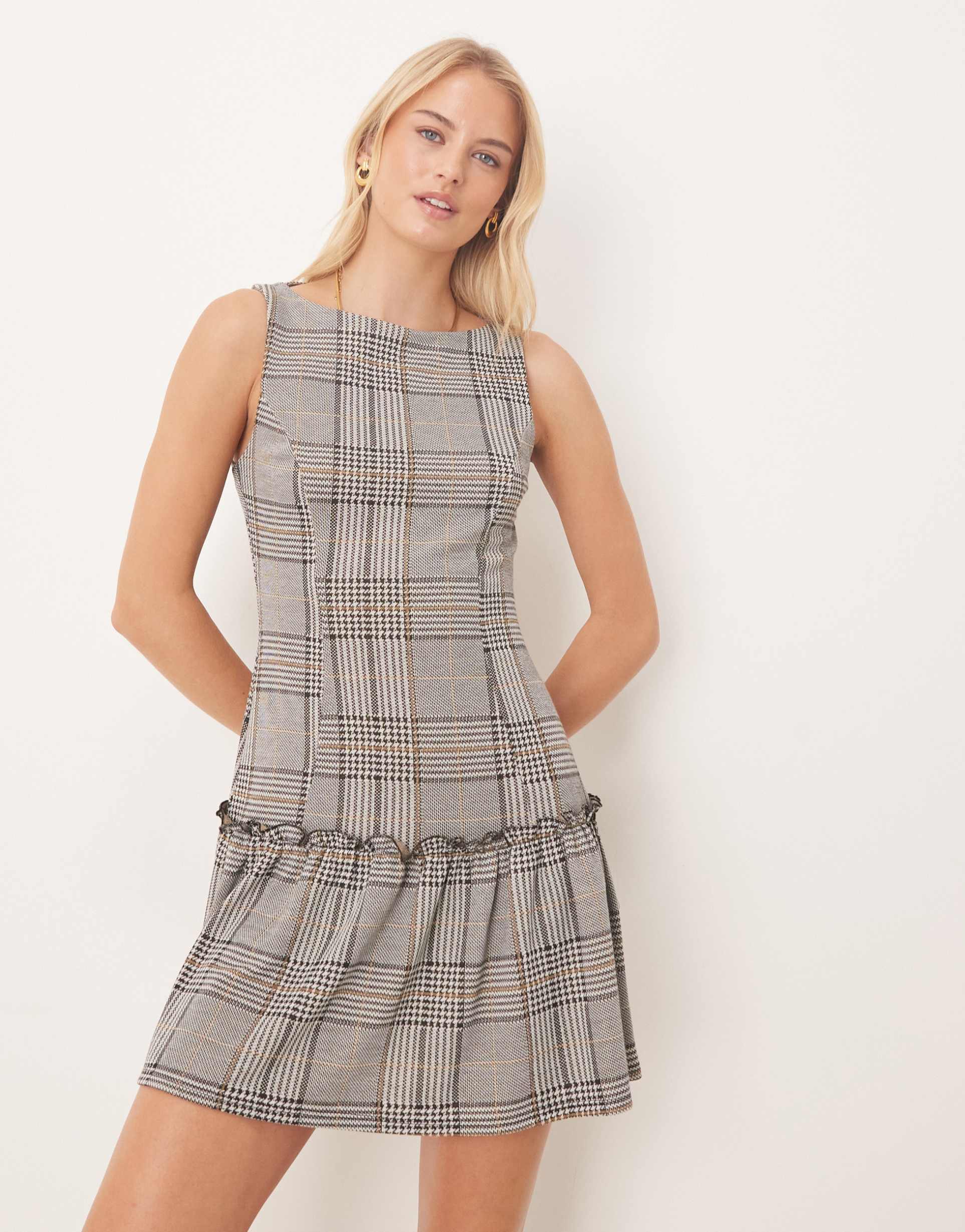 asos design tall sleeveless slash neck dropped waist mini dress in pink check