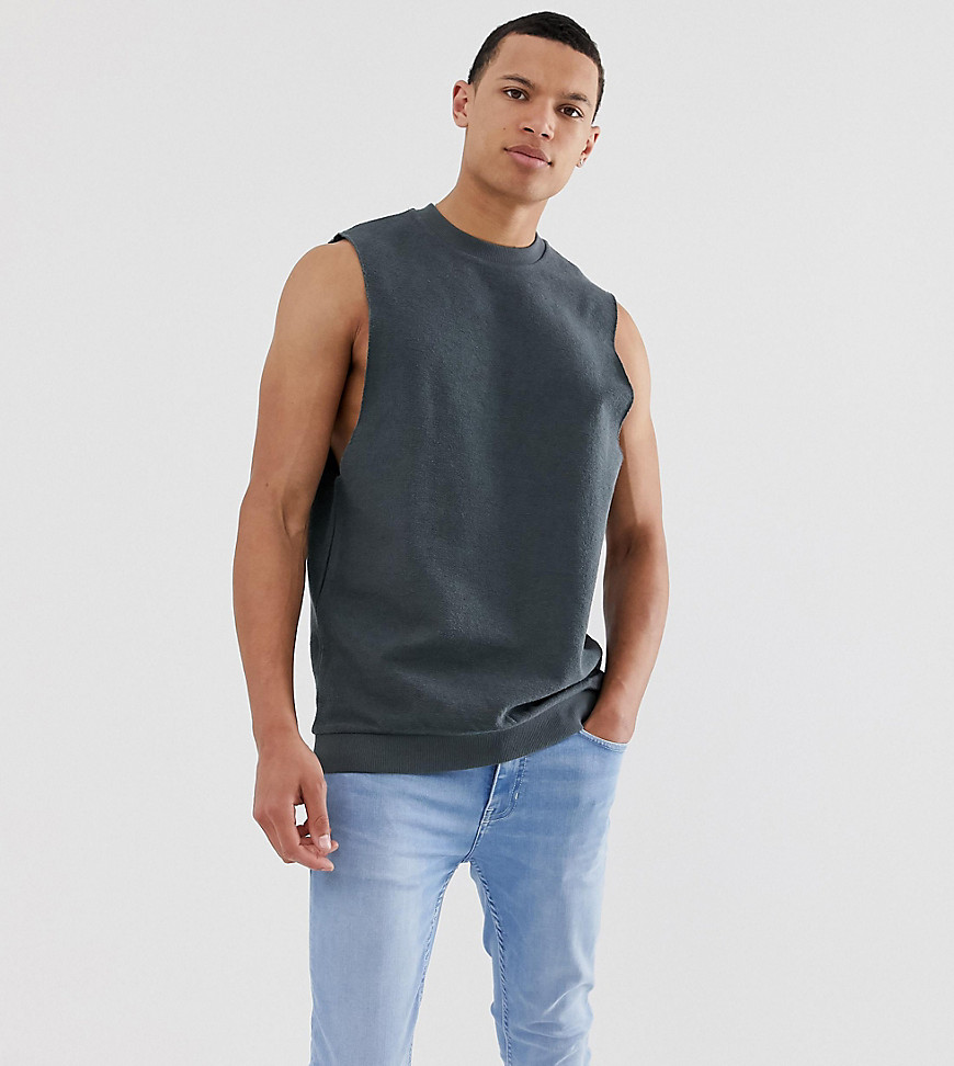 ASOS DESIGN Tall sleeveless sweatshirt with dropped arm hole in reverse loopback-Grey