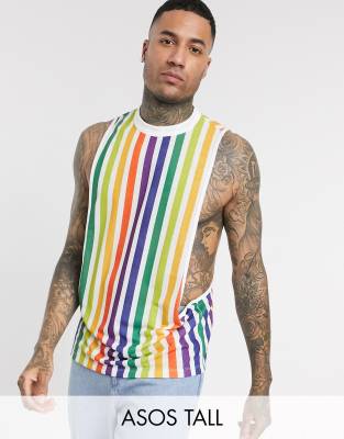 ASOS DESIGN Tall sleeveless t-shirt with extreme dropped armhole in rainbow stripe | ASOS