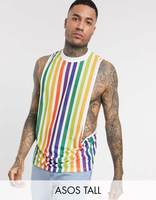 ASOS DESIGN Tall sleeveless t-shirt with extreme dropped armhole in rainbow  stripe