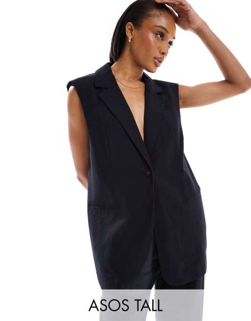 ASOS DESIGN Tall sleeveless tailored blazer with linen look in black