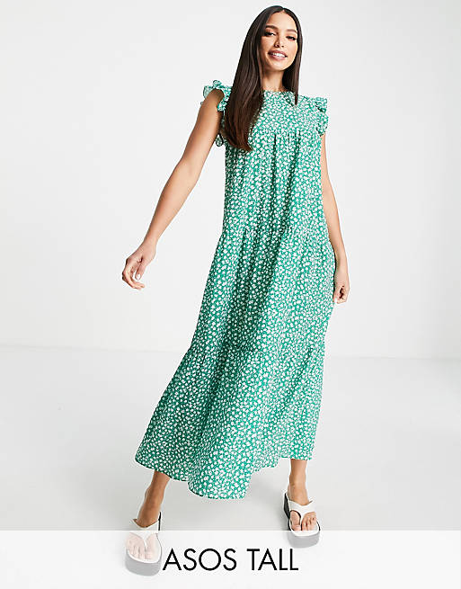 ASOS DESIGN Tall sleeveless tiered midi dress with frills in green floral print