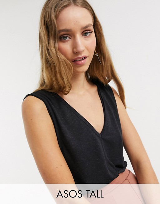 ASOS DESIGN Tall sleeveless top with drop arm hole in linen mix in black