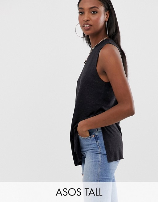 ASOS DESIGN Tall sleeveless top with side split in linen mix in black