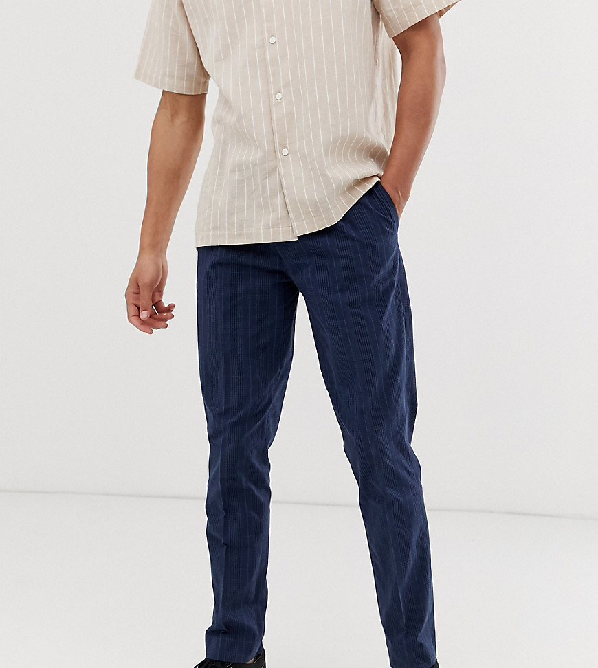 ASOS DESIGN Tall slim crop smart trouser in blue seersucker check-Navy