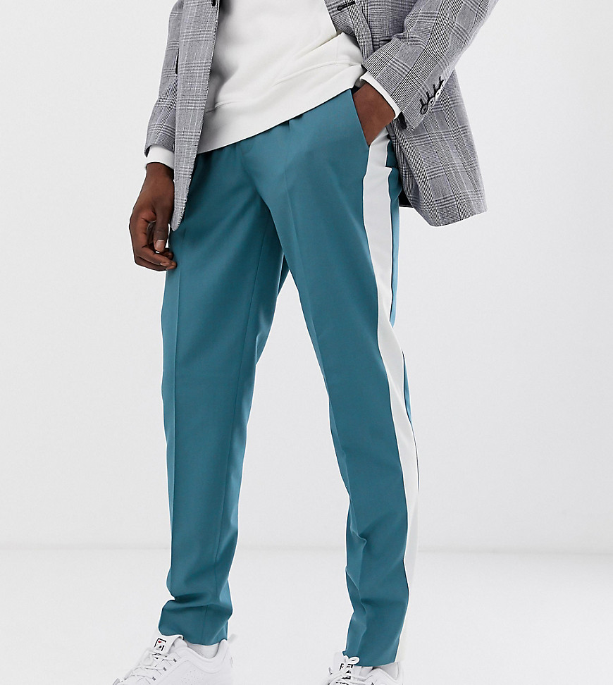 ASOS DESIGN Tall slim crop smart trousers in teal blue with off white side stripe