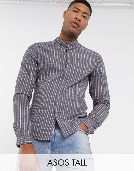 ASOS DESIGN Tall slim fit check shirt with grandad collar in dusty blue