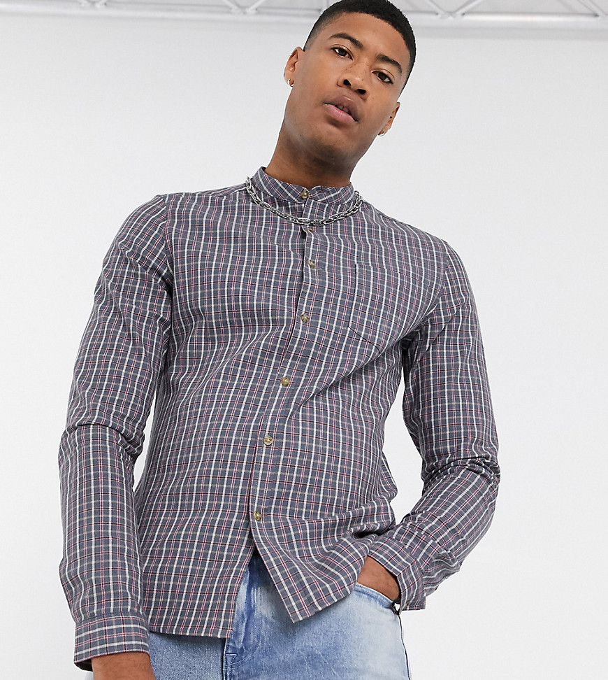 ASOS DESIGN Tall slim fit check shirt with grandad collar in dusty blue-Yellow