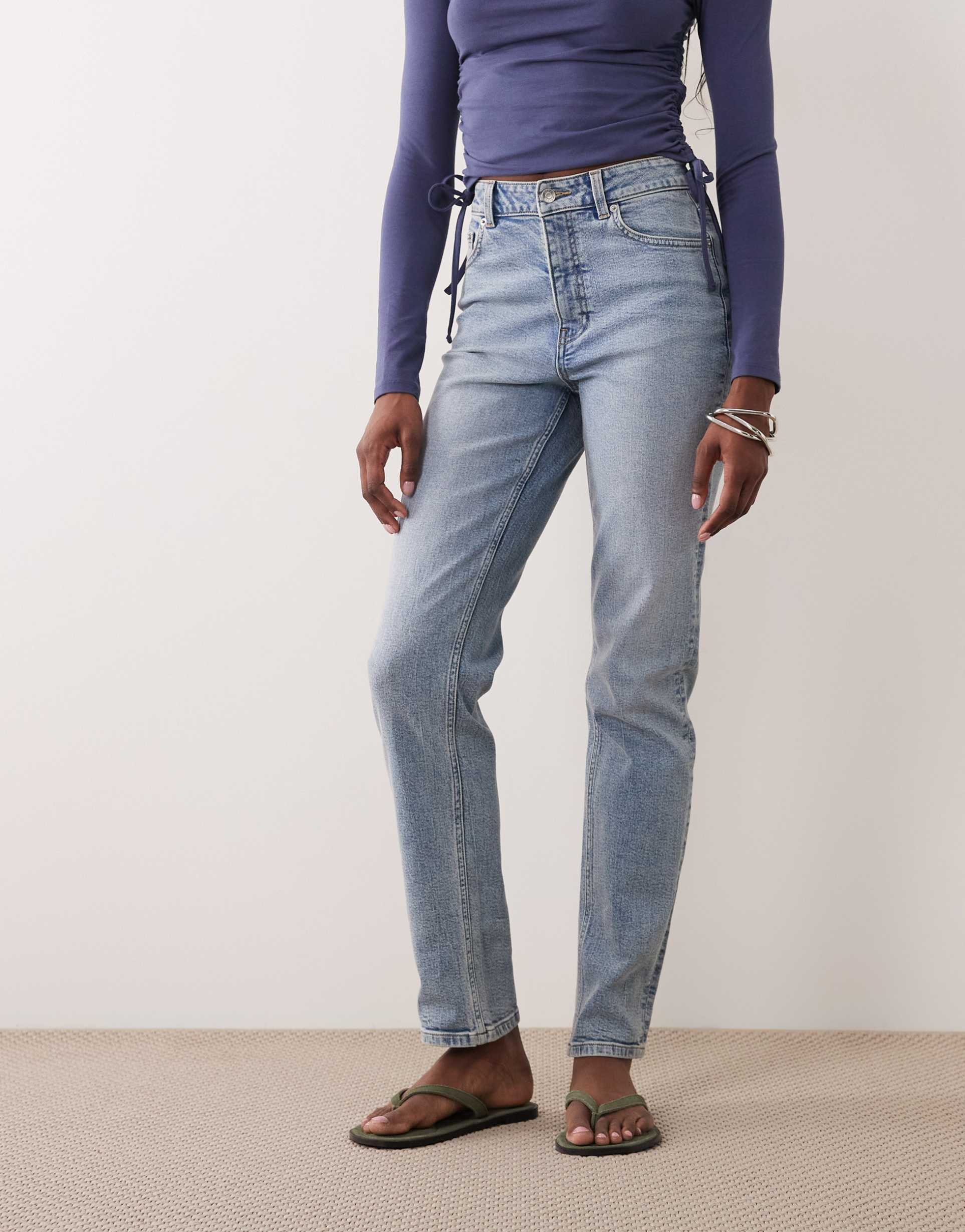asos design tall slim fit comfort mom jeans in mid blue