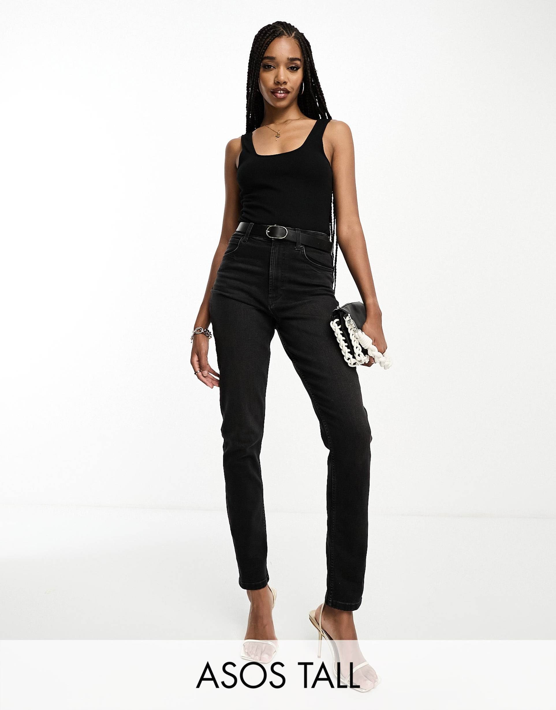 asos design tall slim fit mom jeans in washed black