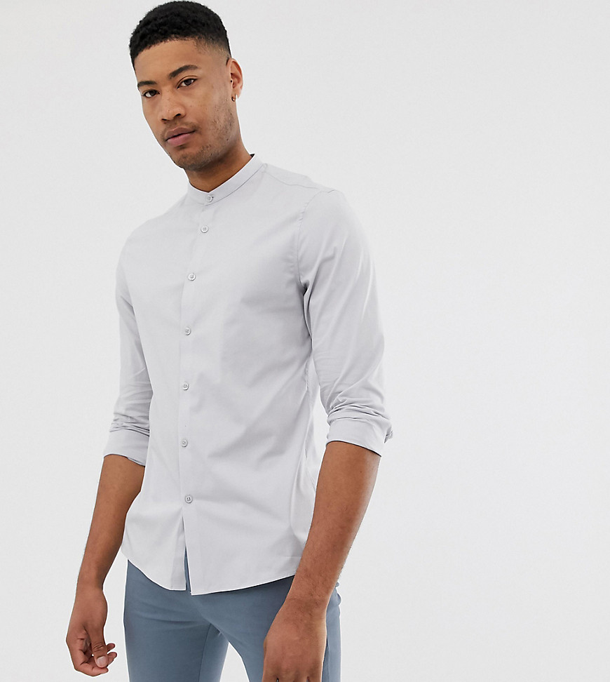ASOS DESIGN Tall slim fit shirt in light grey with grandad collar