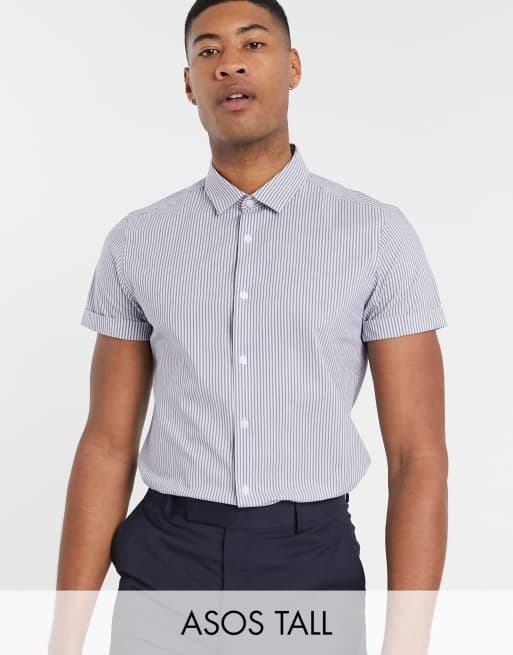 ASOS DESIGN Tall slim fit stripe work shirt in blue | ASOS