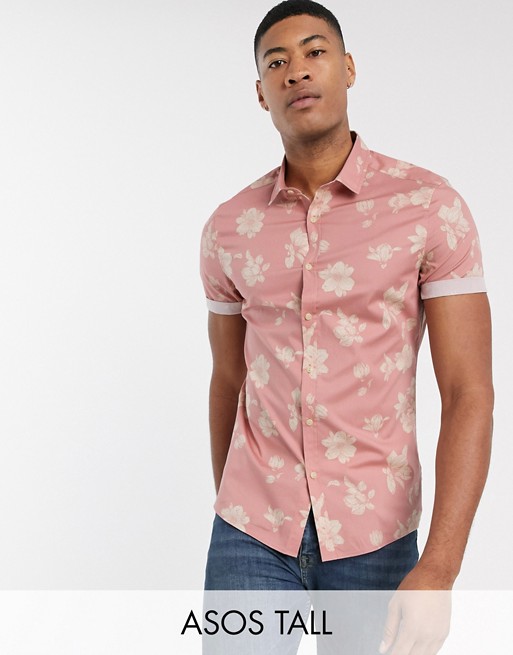ASOS DESIGN Tall slim floral shirt in dusty pink