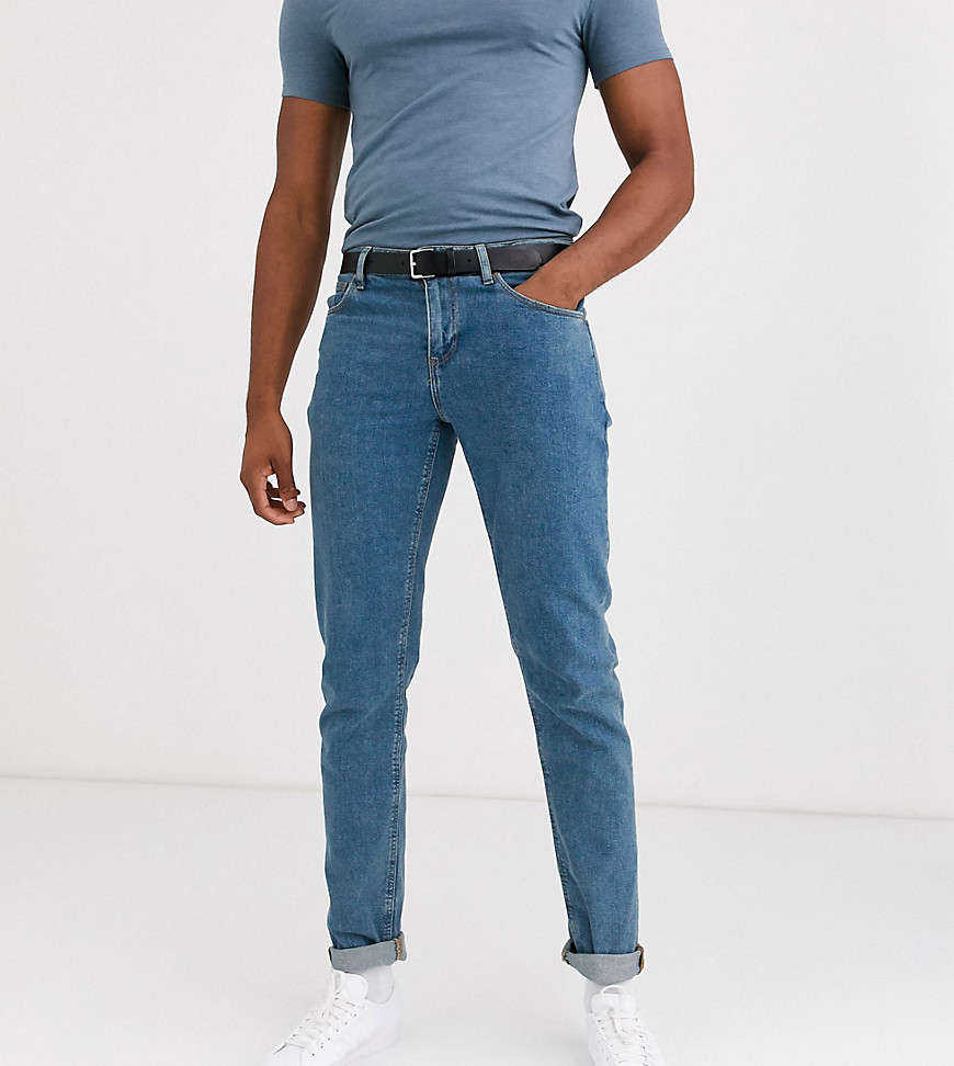 Asos Design Tall Slim Jeans In Flat Mid Wash Blue-blues