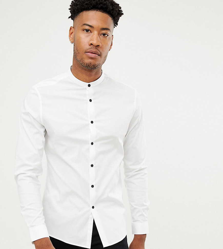 ASOS DESIGN Tall slim shirt with grandad collar & contrast buttons-White