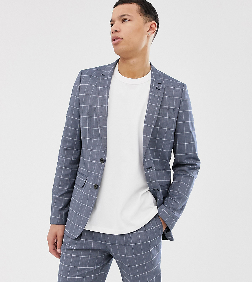 ASOS DESIGN Tall slim suit jacket in linen blue check