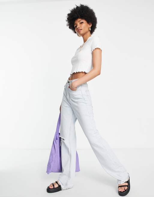ASOS DESIGN Tall - Slim T-shirt med bølget kant i blandet hvid ribstrik, 3 af 4