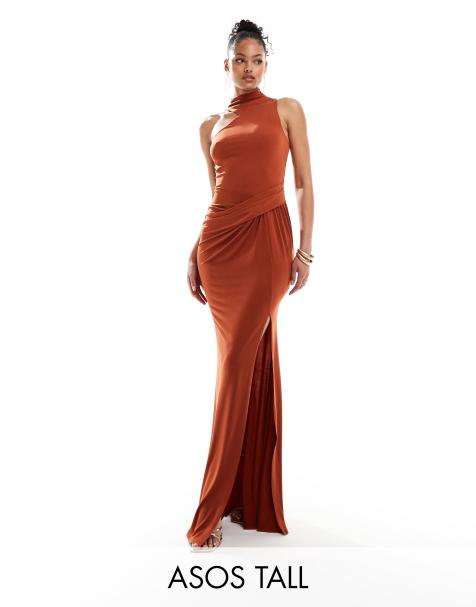 ASOS DESIGN Tall slinky maxi dress with asymmetric neckline in rust - view 1