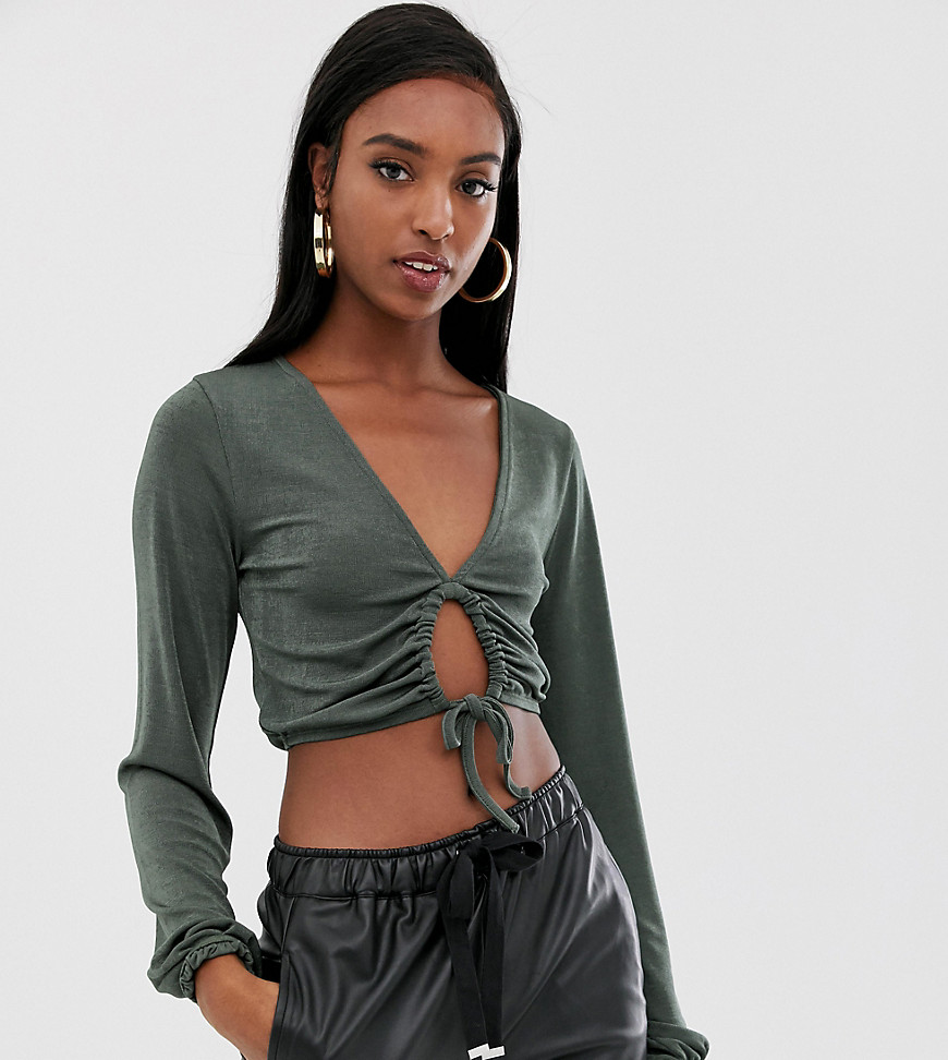 ASOS DESIGN Tall slinky top with blouson sleeve and tie front detail-Green