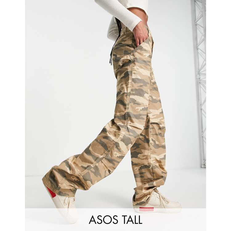 High Waisted Camo Cargo Pants - Beige