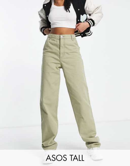 ASOS DESIGN Tall slouchy straight leg pants in khaki