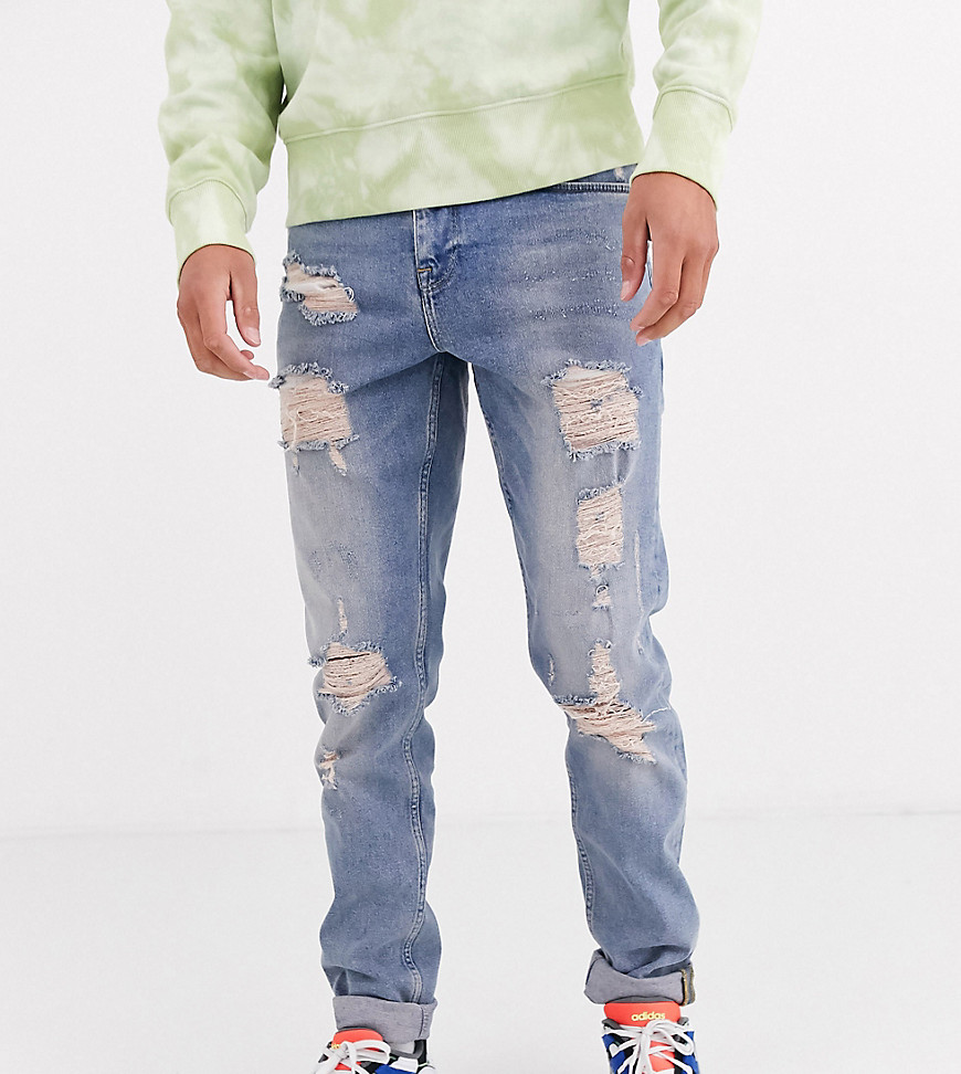 ASOS DESIGN Tall - Smalle jeans met scheuren en lichtblauwe vintage wassing