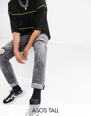 ASOS DESIGN - Tall - Smaltoelopende jeans met vintage wassing, grote scheuren en onafgewerkte zoom in zwart
