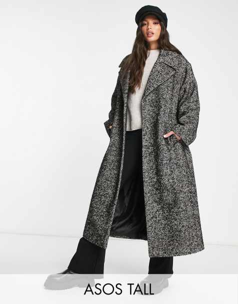 ASOS DESIGN Tall smart herringbone belted coat in black and white