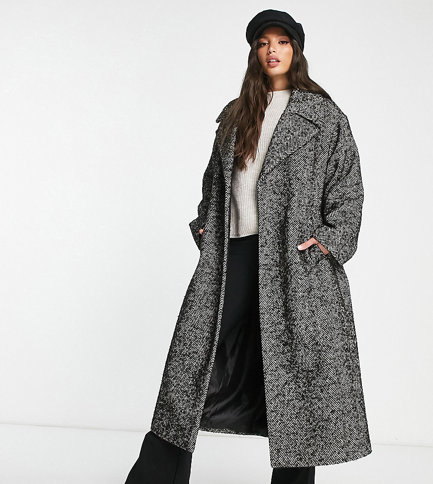ASOS DESIGN Tall smart herringbone belted coat in black and white-Multi