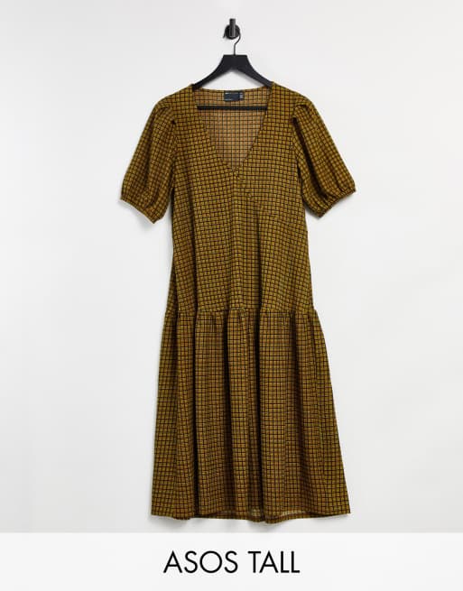 ASOS DESIGN Tall - Smock-midikjole med peplum-kant og grønne tern
