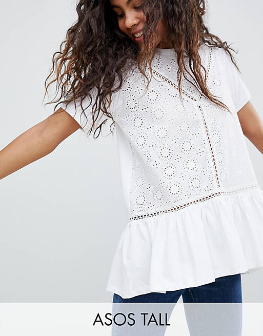 ASOS DESIGN Tall smock t-shirt with broderie and frill hem | ASOS