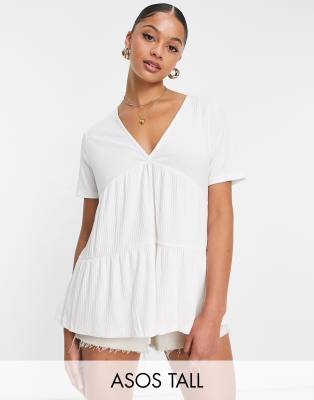 ASOS DESIGN Tall smock top in rib with v neck in white