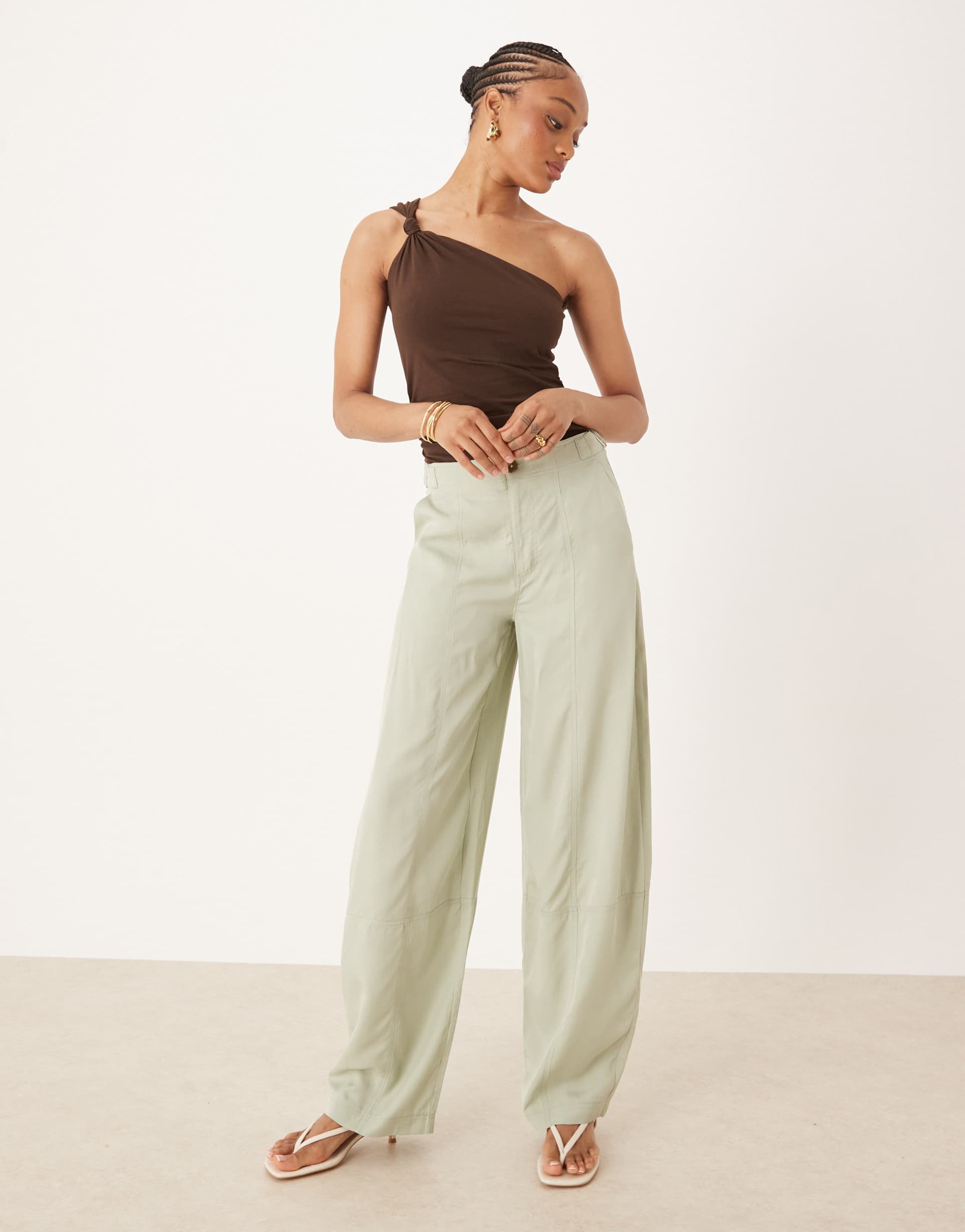 asos design tall soft barrel leg pants with seam detail in sage