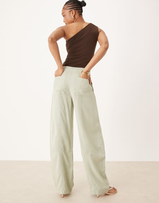 ASOS DESIGN Tall soft barrel leg pants with seam detail in sage, 3 of 5