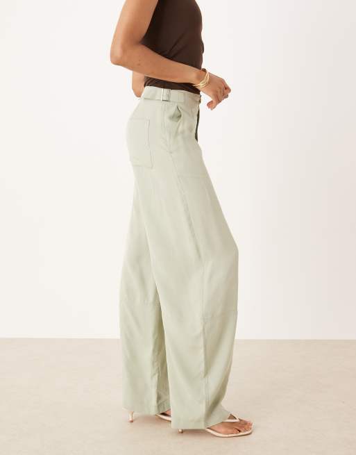 ASOS DESIGN Tall soft barrel leg pants with seam detail in sage, 4 of 5