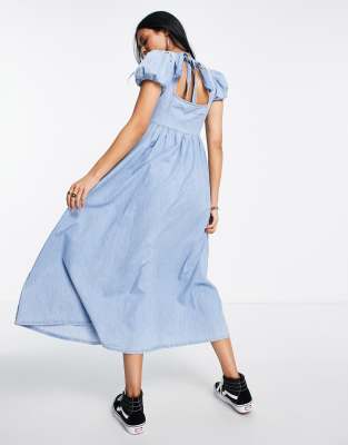 midi dress jumbo soft denim babydoll SOMTHRON Women's Denim Babydoll Dress 3/4 Sleeve Collared Button Down  Tiered Summer Flowy Jean Midi Dresses BE-S at Amazon Women's Clothing store