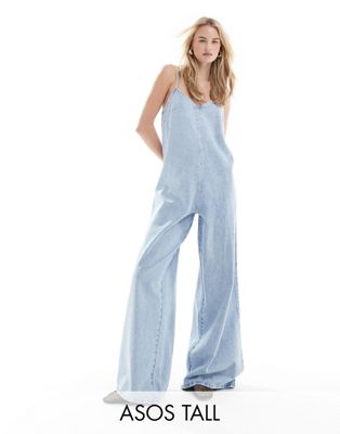 ASOS DESIGN Tall soft denim jumpsuit in light wash-Blue