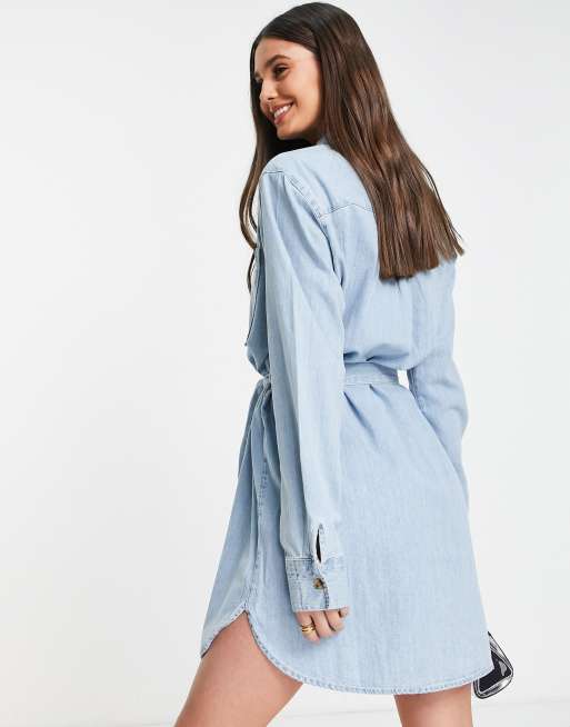 ASOS DESIGN Tall soft denim oversized belted shirt dress in mid wash, 2 of 4