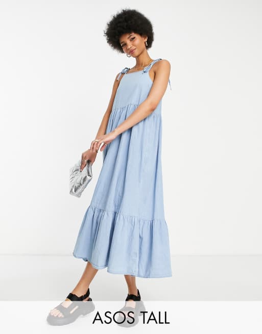 ASOS DESIGN Tall soft denim smock midi dress in lightwash