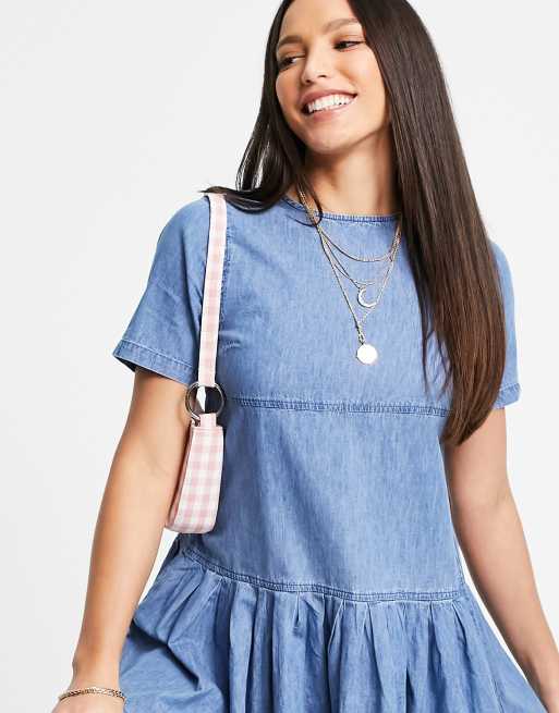 ASOS DESIGN Tall soft denim smock t-shirt dress in midwash, 3 of 4
