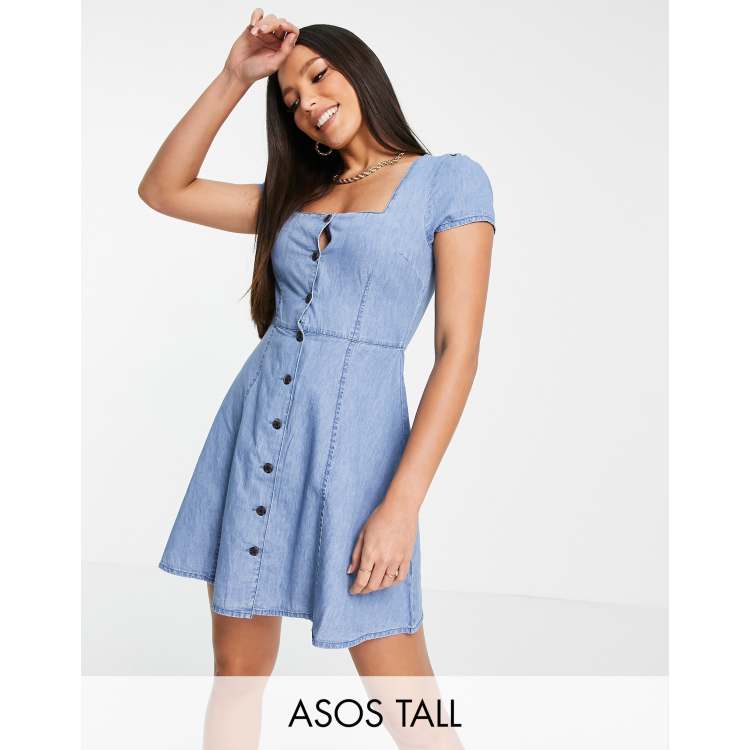 ASOS DESIGN Tall soft denim square neck tea dress in mid wash ASOS