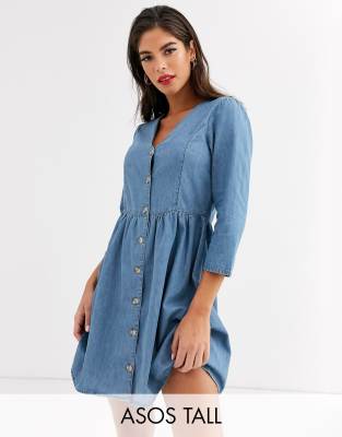 ASOS DESIGN Tall soft denim tea dress in midwash blue