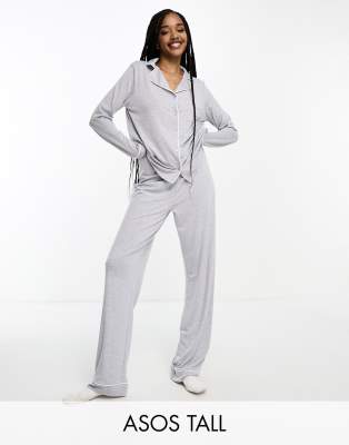 ASOS DESIGN Tall soft jersey long sleeve shirt & pants pajama set with contrast piping in gray heather