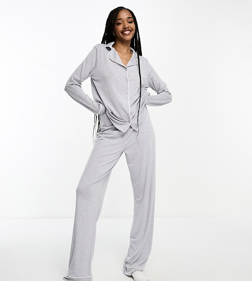 Asos Tall Asos Design Tall Soft Jersey Long Sleeve Shirt & Pants Pajama Set With Contrast Piping In Gray Heath