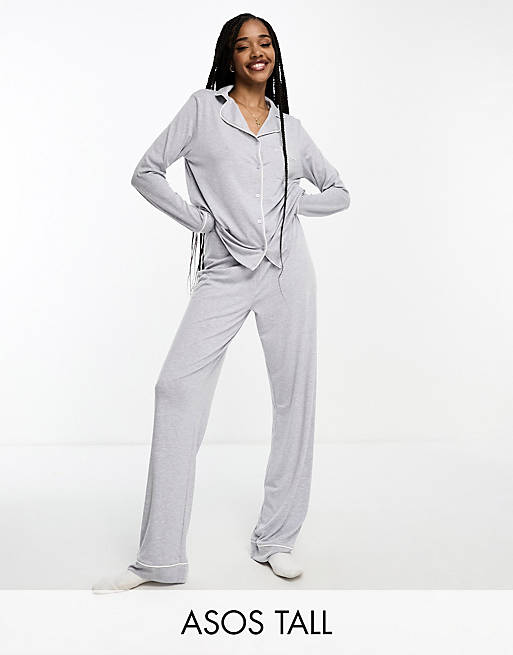 ASOS DESIGN Tall soft jersey long sleeve shirt & pants pajama set